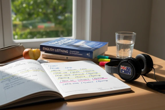 Escritorio de estudiante con apuntes fonéticos, auriculares y pin de bandera australiana