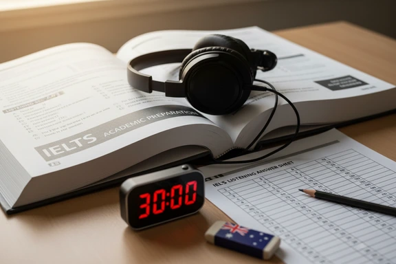 Escritorio con libro IELTS, temporizador, hoja de respuestas y auriculares
