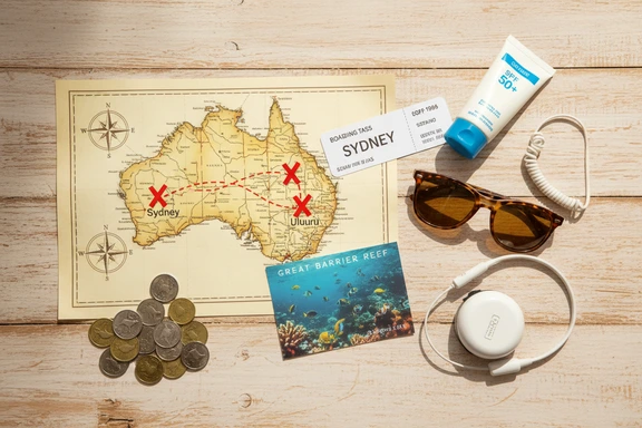 Composición de viaje con mapa de Australia, tarjeta de embarque a Sídney y postal de la Gran Barrera de Coral