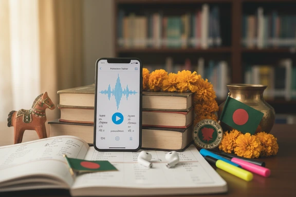 Study desk with Bengali alphabet flashcards, notebook and headphones