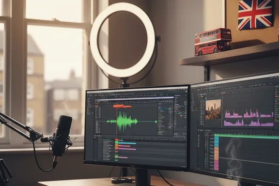 Home studio with video editing timeline and voiceover waveform