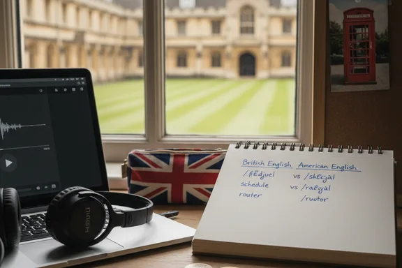 Student desk with British English phonetic notes and headphones