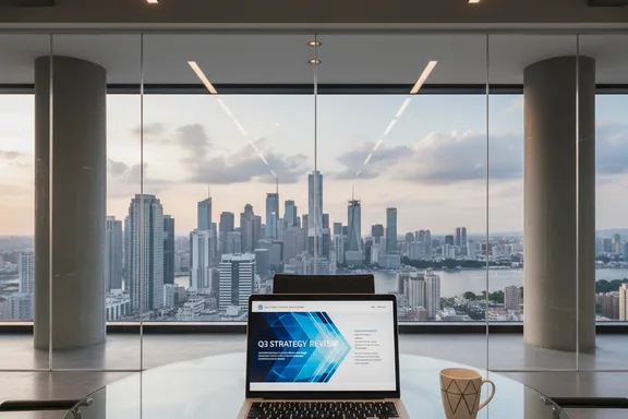 Modern conference room with presentation slides and laptop