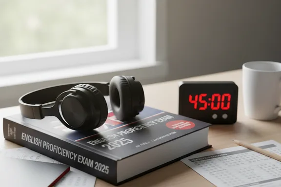 Study desk with IELTS book, timer, and headphones