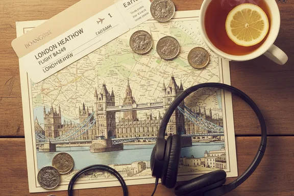 Travel scene with London landmarks and audio guide headset