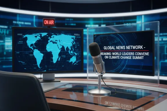 News desk with microphone, teleprompter, and broadcast monitor