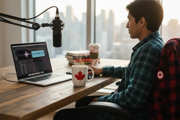 Home studio desk with maple-leaf mug, video editing timeline and voiceover waveform