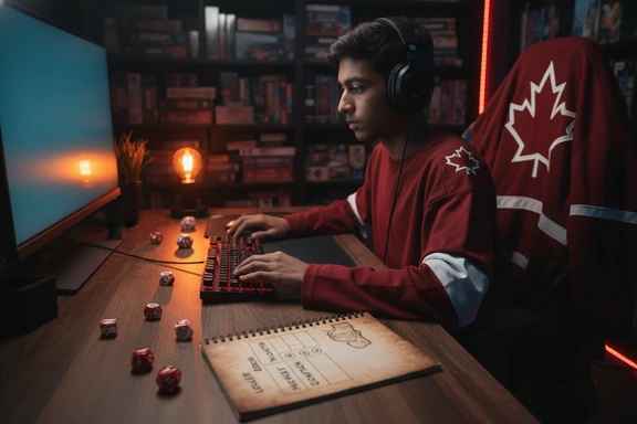Dark gaming setup with tabletop dice, headset and Canadian-themed character sheet