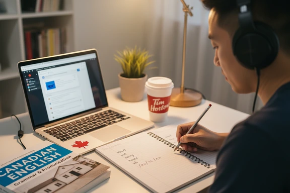Student desk with phonetic notes on Canadian raising and Canadian English textbook