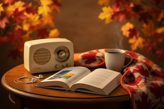 Open paperback novel with earbuds, steaming coffee and soft reading lamp