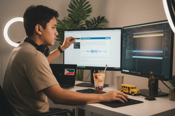 Home studio na may vlog timeline, ring light at voiceover waveform — Filipino creator context