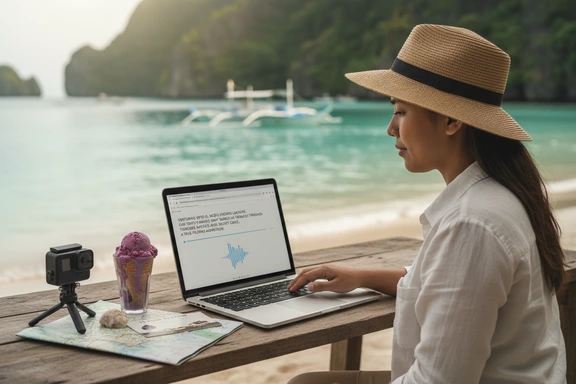 Travel vlogger desk na may Palawan backdrop — Philippines tropical beach context