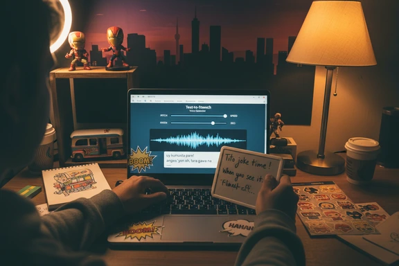 Meme-creator setup na may cartoon overlay at ring light — comedy vibe