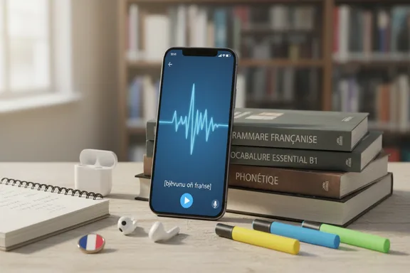 フランス語教科書と発音アプリの学習デスク
