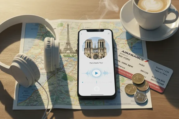 Scena di viaggio con monumenti di Parigi e cuffia audioguida