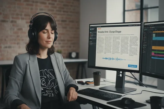 마이크, 텔레프롬프터, 프랑스어 방송 모니터가 있는 뉴스 데스크