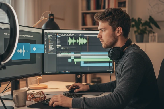 Home-Studio mit Videoschnittprogramm und deutscher Sprachausgabe-Wellenform
