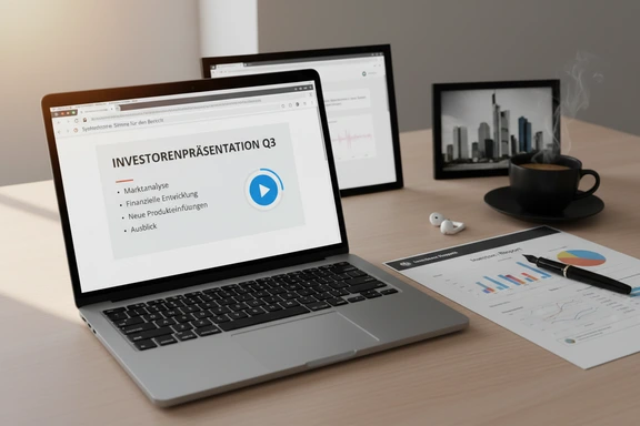 Moderner Konferenzraum mit Frankfurter Skyline und Pr&auml;sentationsfolien