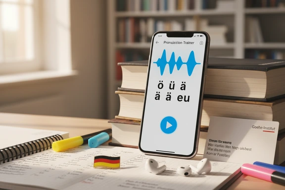 Skrivebord med tysk lærebog, fonetiske noter og høretelefoner