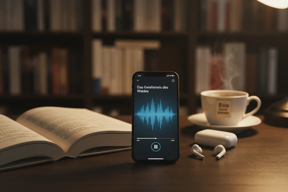 Ge&ouml;ffnetes deutsches Buch mit Kopfh&ouml;rern und Leselampe