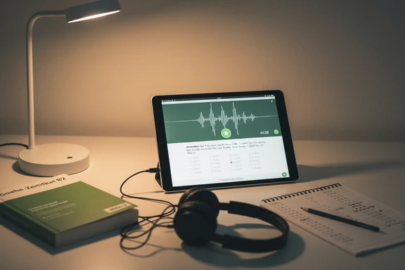 Goethe-Zertifikat対策本、タイマー、ヘッドホンのある勉強机