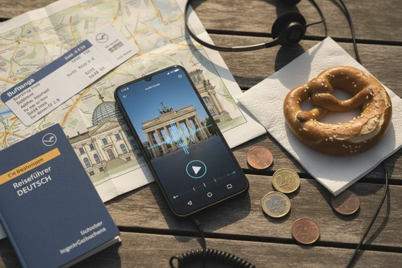 Rejseguide med tysk bykort og h&oslash;retelefoner