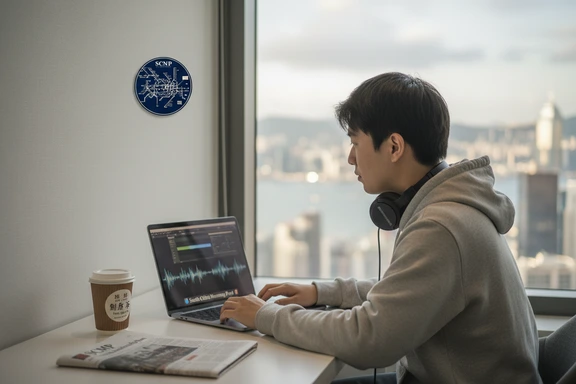 Content creator editing a Hong Kong travel video on a modern laptop with a cup of Hong Kong milk tea and skyline bokeh