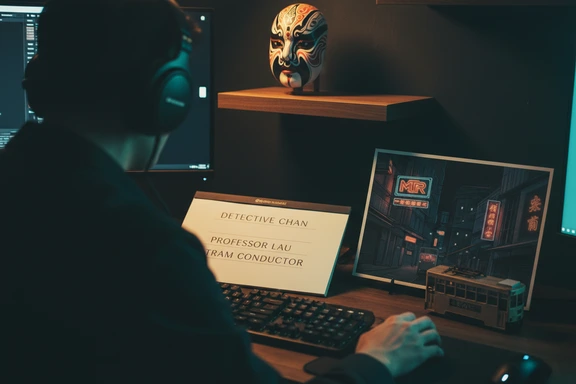 Moody game development setup with storyboard sketches for an urban Hong Kong noir scene and professional headphones