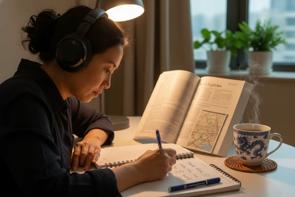 Student desk with a World Englishes textbook, phonetic notes on Hong Kong English and headphones