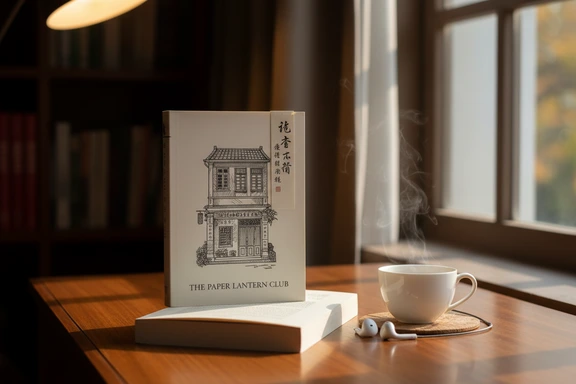 Open literary novel with a Hong Kong skyline on the cover, a small teacup and soft reading lamp on a wooden desk