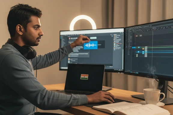 家庭工作室配有科技教程时间线、手机样机和配音波形