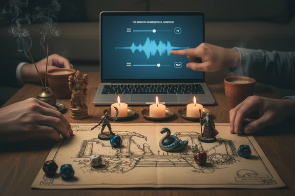 带骰子、角色卡和语音设置的黑暗游戏场景