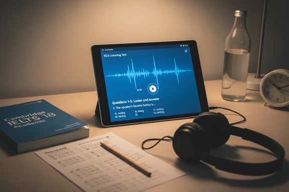 영어 능력 시험 교재, 타이머, 헤드폰이 놓인 공부 책상