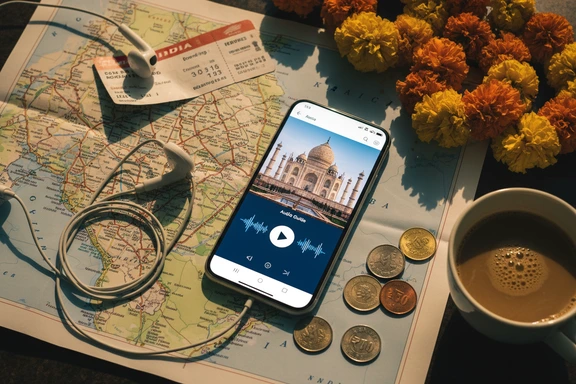 Scène de voyage avec Taj Mahal, casque de guide audio et carnet de voyage