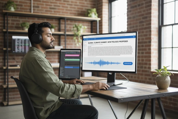 带麦克风、提词器和广播监视器的新闻桌