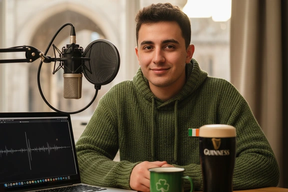 Home studio desk with warm Dublin-style props, microphone and voiceover waveform on a laptop