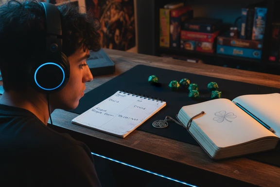 Dark tabletop RPG setup with green dice, open character sheet and a Celtic-style medallion on the table