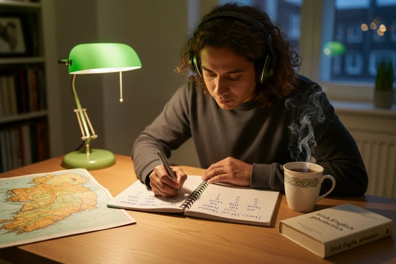 Student desk with open phonetics notebook featuring Irish English markers and a green study lamp