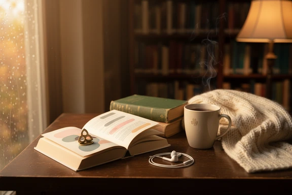 Open paperback with earbuds, steaming tea in a shamrock mug and an old hardback Yeats collection nearby