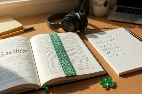 Study desk with Irish Gaelic textbook, fada practice notes and headphones