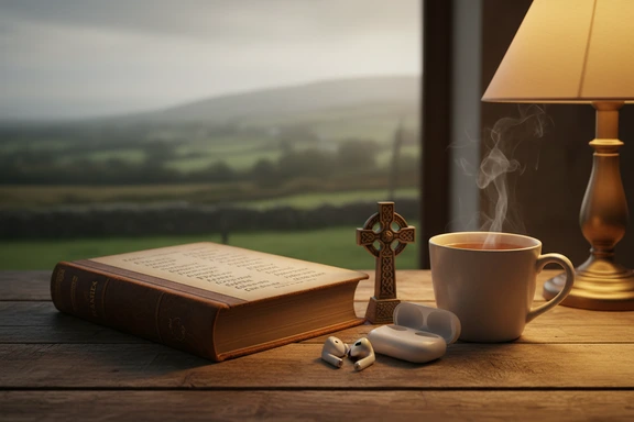 Open Irish Gaelic book with wireless earbuds on a wooden table with Celtic cross