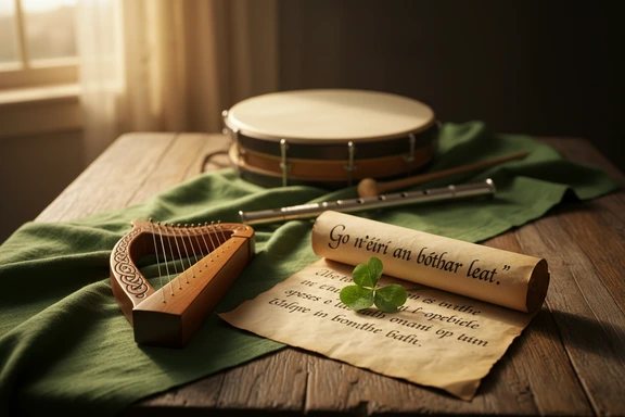 Celtic harp with handwritten Irish blessing and green shamrock on linen cloth