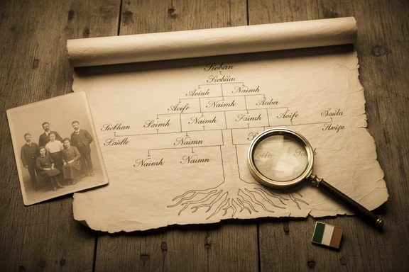 Old Irish family tree document with handwritten names and magnifying glass