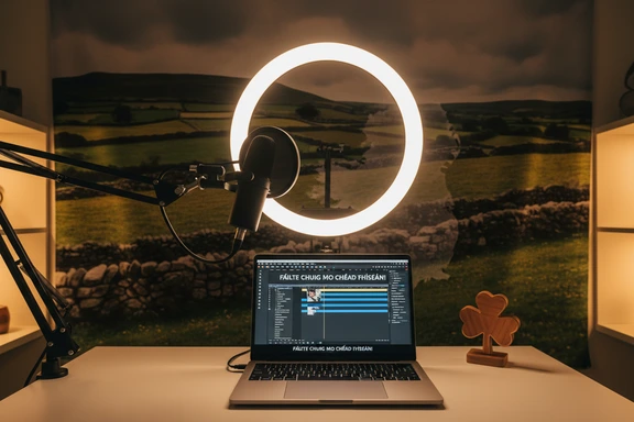 Studio maison avec ring light, microphone et ordinateur avec sous-titres gaéliques