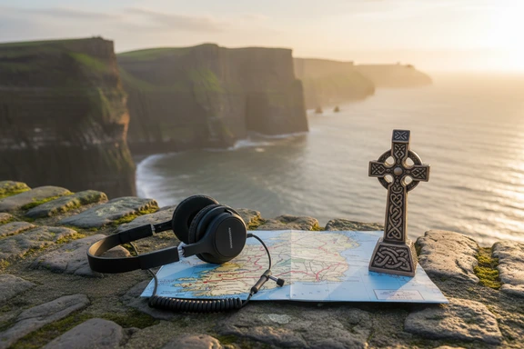 Auriculares de audioguía turística con mapa de Irlanda y los acantilados de Moher