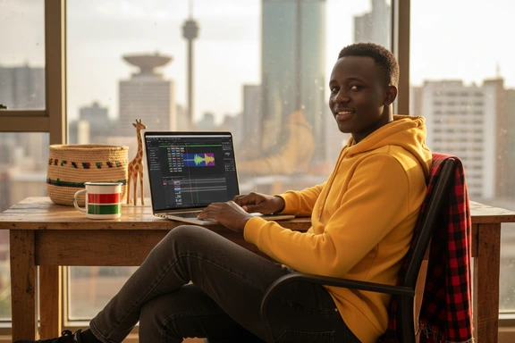 Home studio desk in Nairobi with Kenyan flag mug, video editing timeline and voiceover waveform on laptop