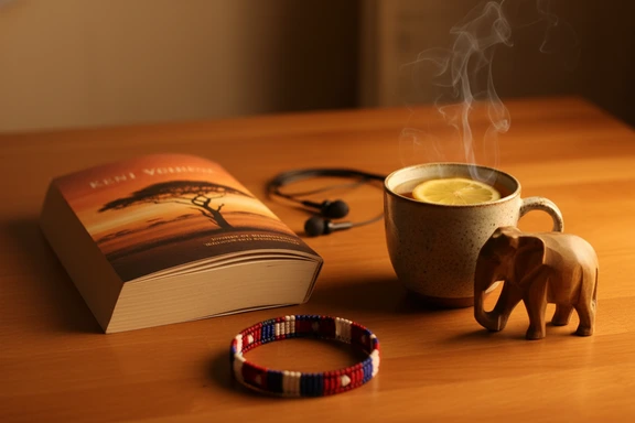 Open paperback novel by a Kenyan author with earphones, a steaming cup of dawa tea and a small wooden carving