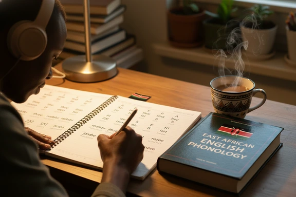 Student desk with phonetic notes on Kenyan English vowels and a textbook on African Englishes