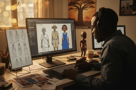 Animation studio desk with character sketches of African characters, headphones and a microphone