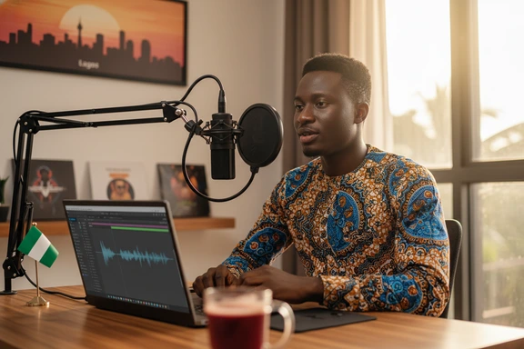 Lagos home studio with condenser microphone, Afrobeats waveform on laptop and a cup of local coffee